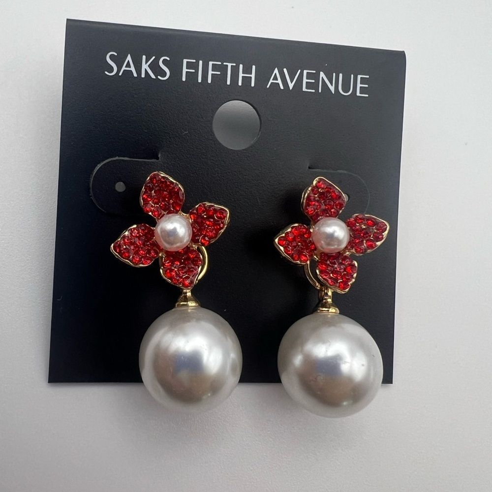 Saks Fifth Avenue Red and Gold flower with Pearl Drop Earrings - Picture 5 of 5